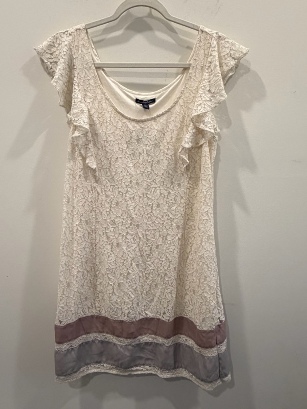 American Eagle Outfitters Cream Lace Mini Dress with Pink and Gray Trim